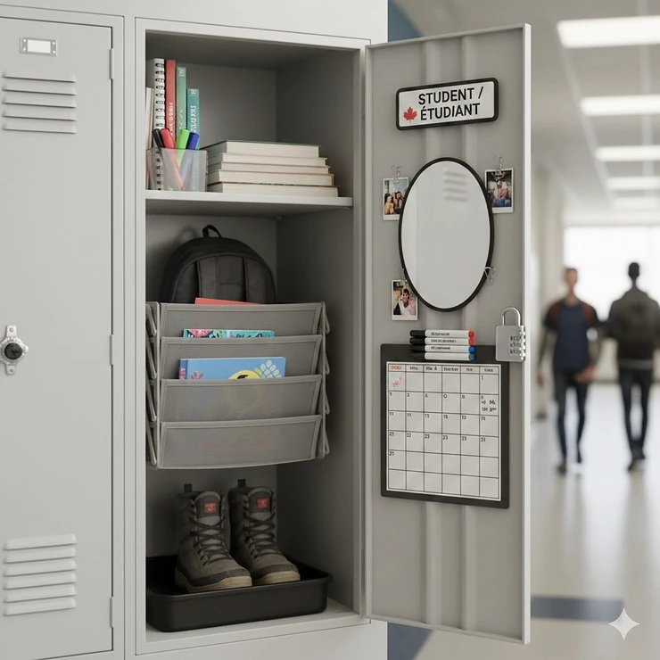 A fully organized Canadian high school locker featuring essential organization supplies like hanging shelves, magnetic bins, and a bilingual nameplate. high school locker organization supplies