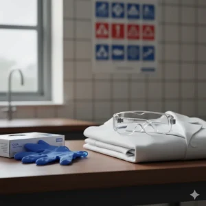 Essential high school lab supplies featuring CSA-approved safety goggles, a white lab coat, and nitrile gloves for student safety.