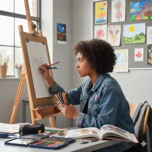 Canadian high school student using colored pencils for a portrait project in an art studio.