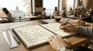 A jazz lead sheet being written on professional music manuscript paper and supplies in a Montreal café setting.
