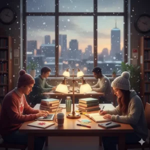An indoor library scene in Canada showing students using various exam preparation supplies while snow falls outside the window.