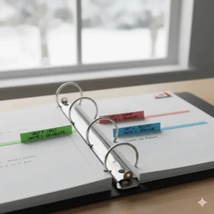 Neatly stacked Canadian wide-ruled loose-leaf paper inside a 3-ring binder separated by unit themes.