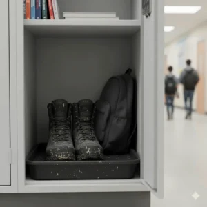 A compact locker boot tray designed to keep Canadian winter slush and mud off school supplies.