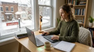 A cozy winter study scene in Montreal featuring a wireless keyboard and mouse for students with a long-lasting battery indicator.