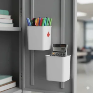 Magnetic locker storage bins holding pens and calculators for Canadian high school students.