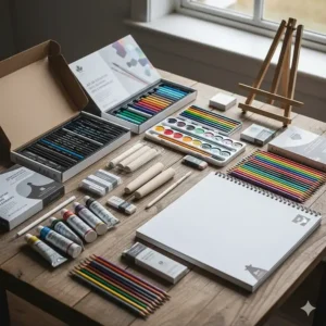 Comprehensive art supply set for Canadian middle schoolers including charcoal, pastels, and blending stumps.