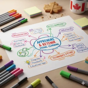 A colorful mind map layout with connecting lines and icons, ideal study supplies for visual learners to organize complex ideas.