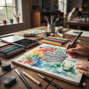 Diverse mixed media tools for Canadian middle school art projects, including ink pens and heavy-weight paper.