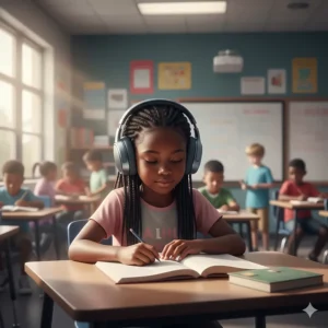A student wearing noise-cancelling headphones to create a quiet study environment within a busy Toronto-style open-concept classroom.