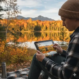 An artist using a tablet for digital art students to paint a fall foliage scene in a Canadian provincial park.