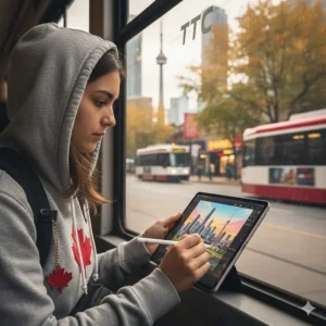A student holding a slim drawing tablet while commuting on a TTC streetcar, highlighting portability for Canadian campus life.