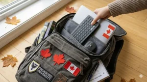 A slim wireless keyboard and mouse for students being tucked into a backpack alongside a Canadian flag patch and a laptop.