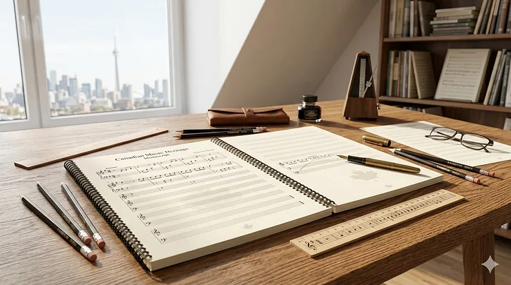 A high-quality spread of music manuscript paper and supplies on a desk in a Toronto studio, including a wooden metronome and professional drafting pencils.