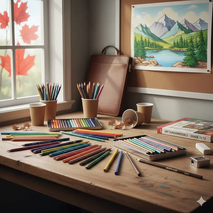 High-quality colored pencils for high school art class arranged on a wooden desk in a bright Canadian classroom.