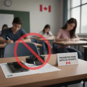 A "No" symbol over a smartphone and smartwatch to highlight items not included in SAT exam supplies allowed in Canada.