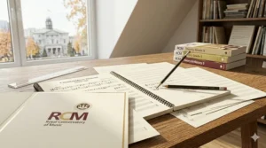 A student preparing for an RCM theory exam using loose-leaf music manuscript paper and supplies.