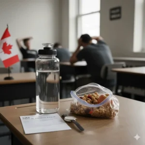 A clear water bottle and healthy snacks permitted during SAT breaks at Canadian testing locations.