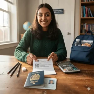 A student in Canada organizing essential SAT exam supplies allowed, including a calculator, HB pencils, and a Canadian passport on a desk.