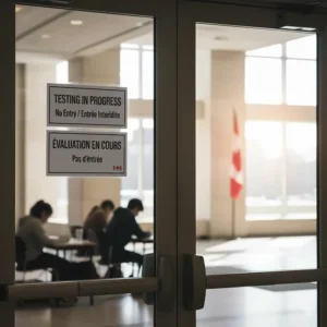 Illustration of a Canadian SAT test center entrance with bilingual English and French "Testing in Progress" signage.