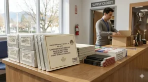 Bulk packs of music manuscript paper and supplies organized for a secondary school music program in Vancouver.