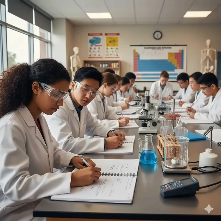 A diverse group of Canadian high school students in a modern science lab using durable lab notebooks and essential chemistry supplies for a Grade 11 biology experiment. science lab notebook and supplies for high school