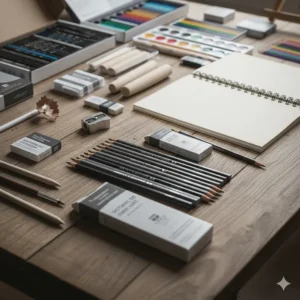 Professional-grade graphite pencils and erasers included in a complete art supply kit for middle school.