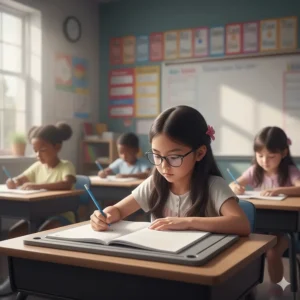An ergonomic slanted writing board positioned on a school desk to help a student maintain proper posture and visual tracking.