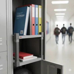 Durable, stackable locker shelves designed to hold heavy high school textbooks and binders.