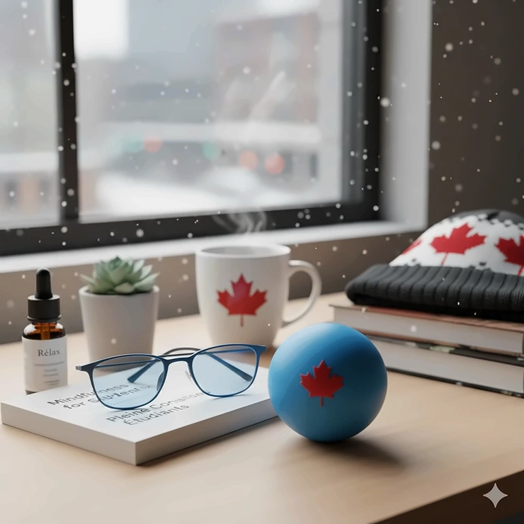 A student wellness kit including a stress ball and blue light glasses, essential exam preparation supplies for December finals in Canada. SAT exam supplies allowed Canada