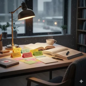 Hand-written study flashcards used as exam preparation supplies for December finals, spread out on a desk with a warm desk lamp.