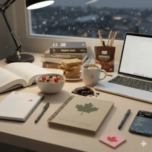 An illustration of late-night study snacks and exam preparation supplies like tea and granola bars during the December finals season.