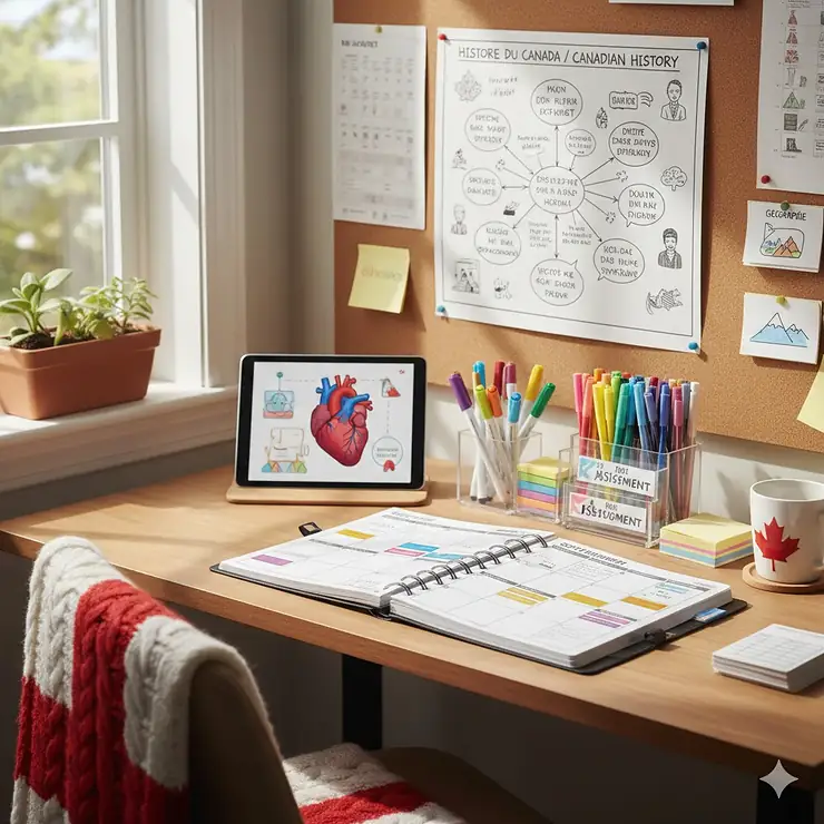 A bright student desk in Canada featuring colorful highlighters, a bilingual English-French academic planner, and visual study supplies.