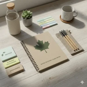 Eco-friendly exam preparation supplies like recycled paper notebooks and bamboo pens popular with Canadian students during December finals.