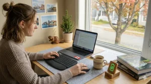 An eco-friendly wireless keyboard and mouse for students made from recycled materials, surrounded by Canadian forest-inspired decor.