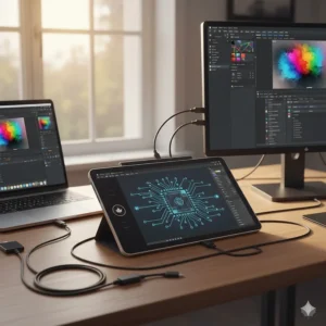 Illustration showing a tablet connected to both a MacBook and a PC, ideal for Canadian art and design programs.