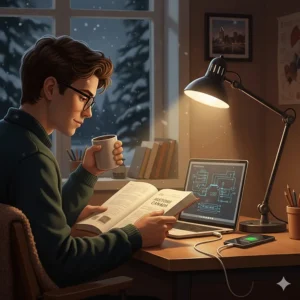 A multifunctional desk lamp with a USB port charging a smartphone, ideal for cramped Canadian university dorm rooms.