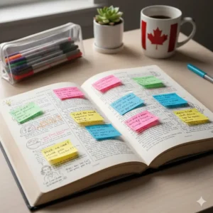 A textbook page filled with colorful transparent sticky notes and margin sketches, a key visual learning technique for Canadian students.