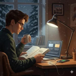 Illustration showing warm to cool lighting modes on a desk lamp for studying university students, from morning focus to evening review.