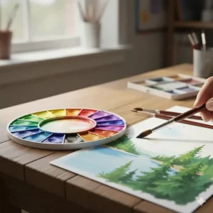 Vibrant watercolor palette and brushes perfect for the Grade 7 and 8 visual arts curriculum in Canada.