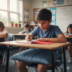 A student sitting at a desk with a weighted lap pad, an ergonomic school supply used to reduce restlessness for ADHD students in Canada.