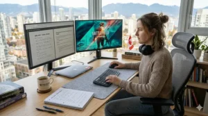 A versatile wireless keyboard and mouse for students that doubles as a gaming setup in a modern Vancouver apartment.