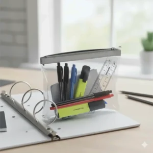 A durable zipper pouch inserted into a 3-ring binder containing pens, highlighters, and a Canadian metric ruler.