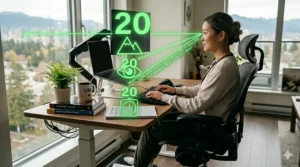 A high-resolution 4K photograph of the Vancouver student from image_0.png, image_2.png, image_4.png, image_6.png, image_8.png, image_10.png, and image_12.png, maintaining the posture from image_2.png in the same room. A clean green glowing diagram, matching the style from image_2.png, features '20 20 20' with small eye and clock icons. Green glowing lines from her eyes look toward a distant point (20 feet) on the Vancouver skyline through the window. Natural daylight illuminates the scene.