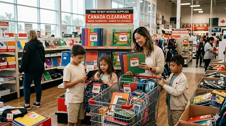 A family shopping for discounted notebooks and backpacks during the best time to buy school supplies in Canada clearance events. time to buy school supplies Canada clearance