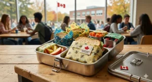 Illustration of colorful beeswax food wraps used for sandwiches, a staple in plastic-free school supplies for Canadian waste-free lunches.