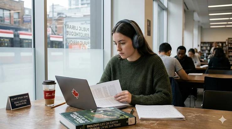 A student wearing premium noise cancelling headphones for studying in a quiet corner of a Toronto public library.