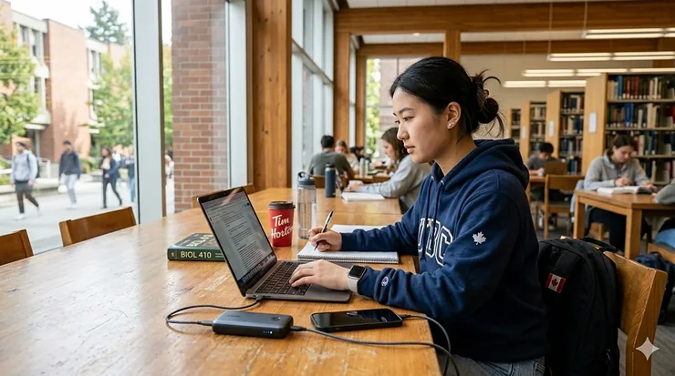 A Canadian university student studying in a modern library with a high-capacity power bank charging a laptop and smartphone.