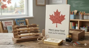 Eco-friendly notepad and gold pen set with "Merci" and "Thank You" text for bilingual Canadian educators.