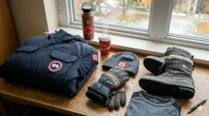 Close-up of bilingual Canadian university supplies featuring spiral notebooks labeled in English and French with assorted high-quality pens.