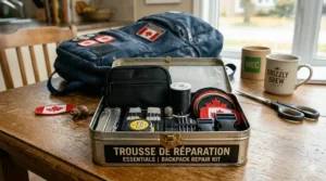 Essential DIY backpack repair kit including needles, thread, and patches, labeled in English and French (Trousse de réparation).